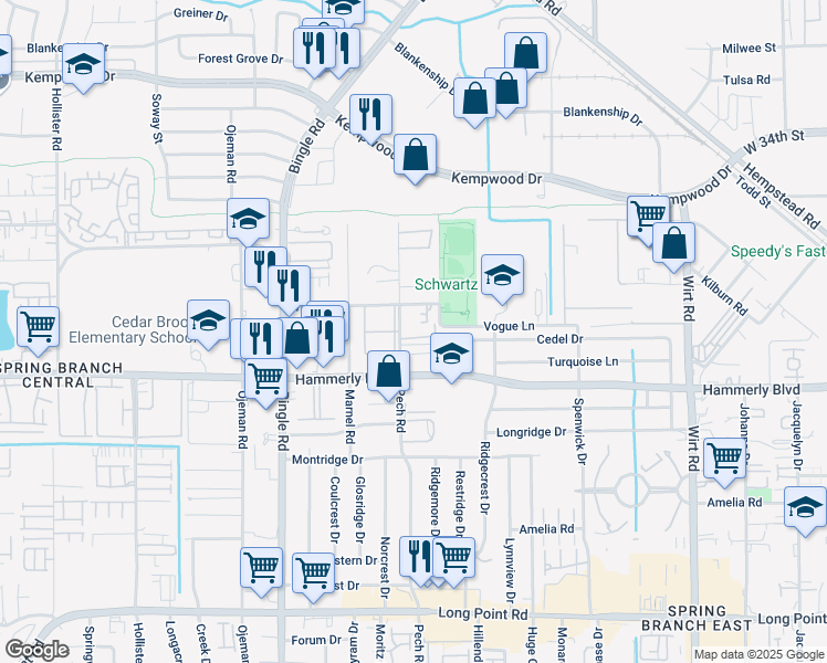 map of restaurants, bars, coffee shops, grocery stores, and more near 2120 Pech Road in Houston