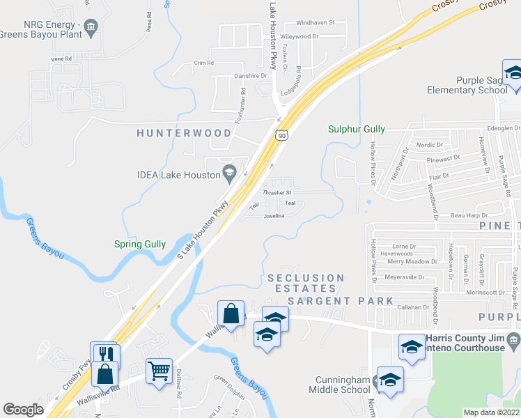map of restaurants, bars, coffee shops, grocery stores, and more near 5830 South Lake Houston Parkway in Houston