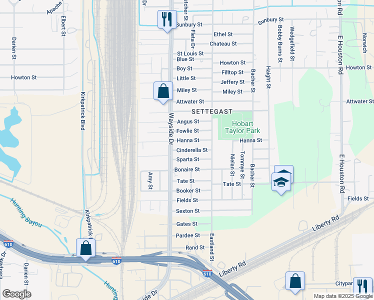 map of restaurants, bars, coffee shops, grocery stores, and more near 7943 Cinderella Street in Houston