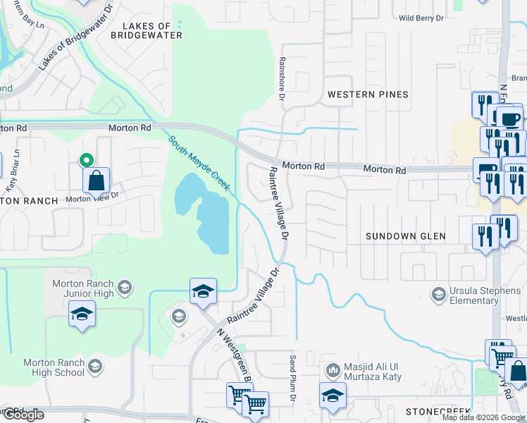 map of restaurants, bars, coffee shops, grocery stores, and more near 20818 Camphor Tree Drive in Katy