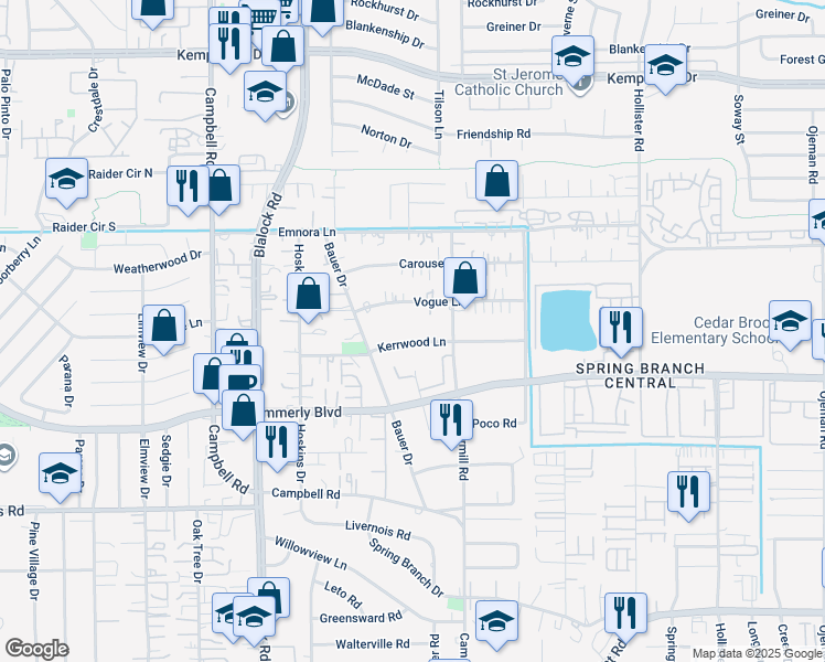 map of restaurants, bars, coffee shops, grocery stores, and more near 9214 Kerrwood Ln in Houston