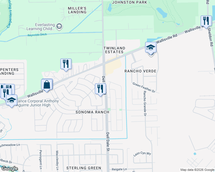 map of restaurants, bars, coffee shops, grocery stores, and more near 2103 Fallow Lane in Houston