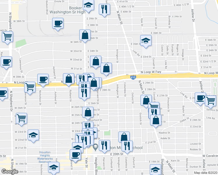 map of restaurants, bars, coffee shops, grocery stores, and more near 2812 Cortlandt Street in Houston