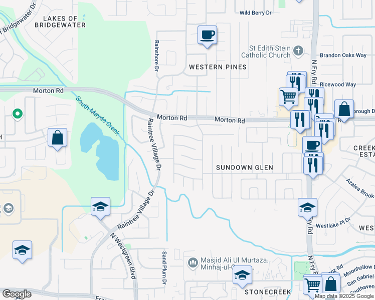 map of restaurants, bars, coffee shops, grocery stores, and more near 20614 Valley Wells Drive in Katy