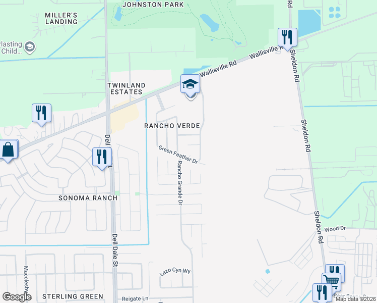 map of restaurants, bars, coffee shops, grocery stores, and more near 2111 Alegre Valley Court in Houston