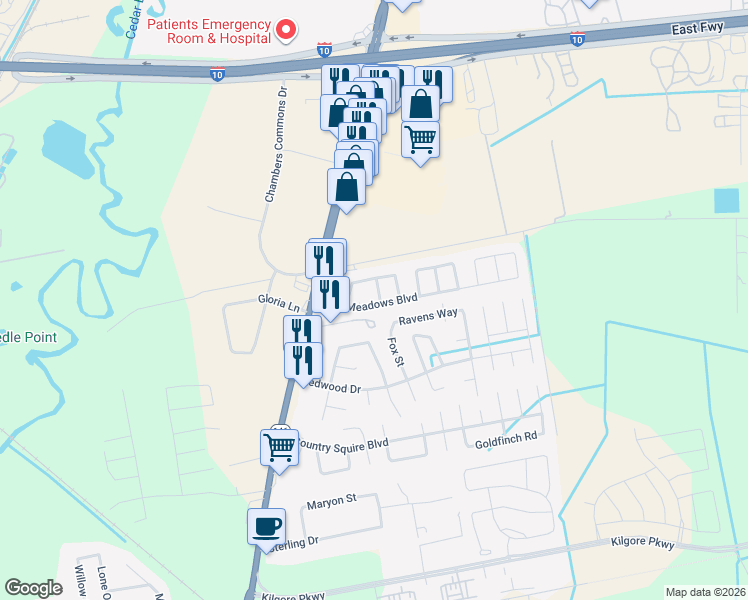 map of restaurants, bars, coffee shops, grocery stores, and more near 8303 Spruce Lane in Baytown