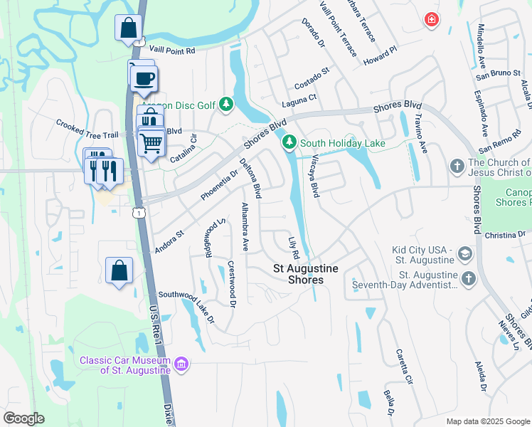 map of restaurants, bars, coffee shops, grocery stores, and more near 200 Cecilia Court in St. Augustine