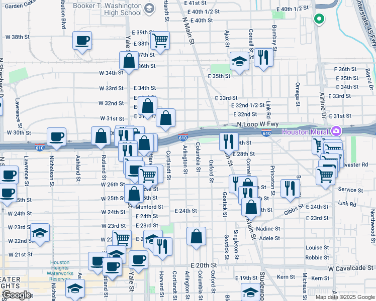 map of restaurants, bars, coffee shops, grocery stores, and more near 413 East 28th Street in Houston