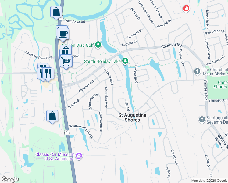 map of restaurants, bars, coffee shops, grocery stores, and more near 198 Cecilia Court in St. Augustine