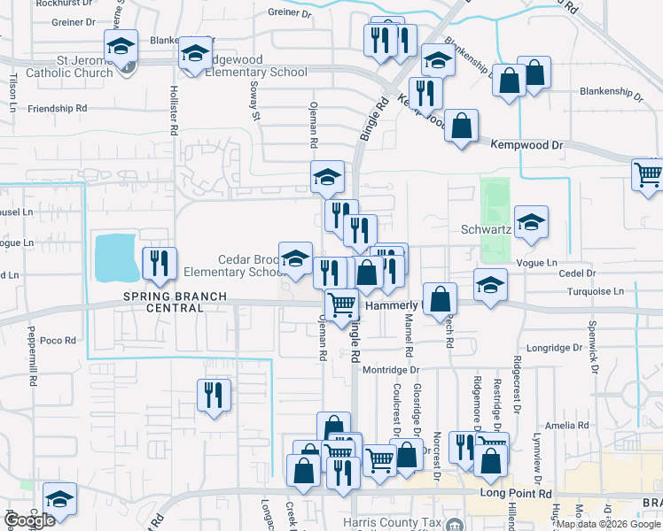 map of restaurants, bars, coffee shops, grocery stores, and more near 2134 Ojeman Road in Houston