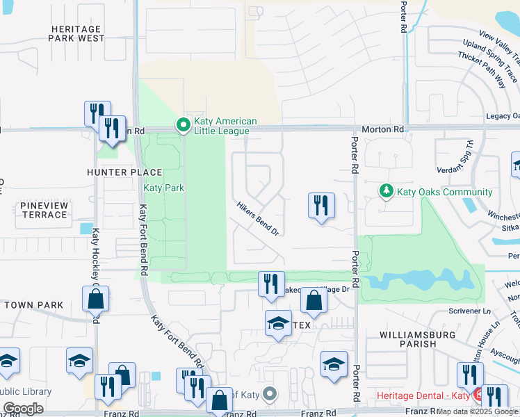 map of restaurants, bars, coffee shops, grocery stores, and more near 2703 Lakecrest Forest Drive in Katy