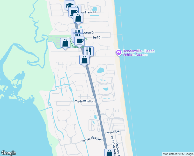 map of restaurants, bars, coffee shops, grocery stores, and more near 104 Village Del Prado Way in St. Augustine