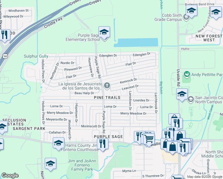 map of restaurants, bars, coffee shops, grocery stores, and more near 14415 Leacrest Drive in Houston