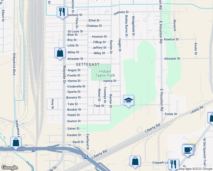 map of restaurants, bars, coffee shops, grocery stores, and more near 5617 Tommye Street in Houston