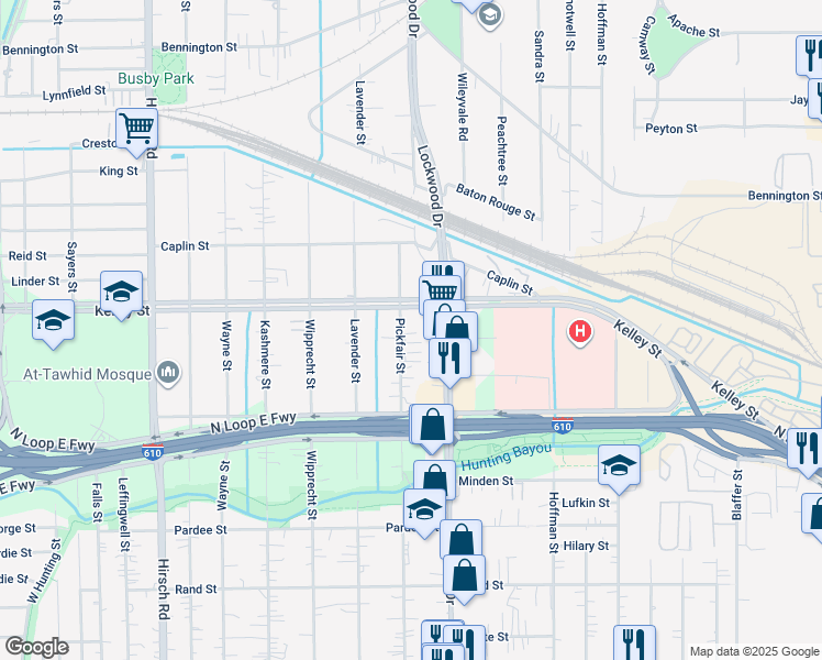 map of restaurants, bars, coffee shops, grocery stores, and more near 5805 Pickfair Street in Houston