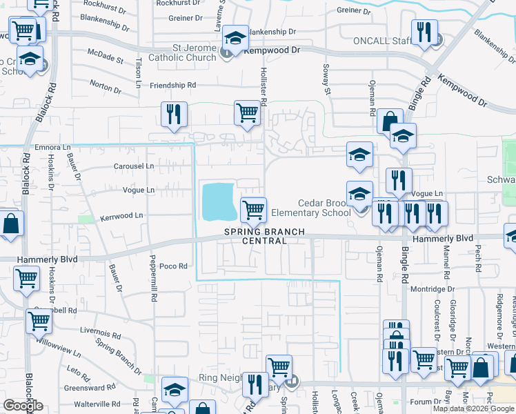 map of restaurants, bars, coffee shops, grocery stores, and more near 2217 Hollister Street in Houston