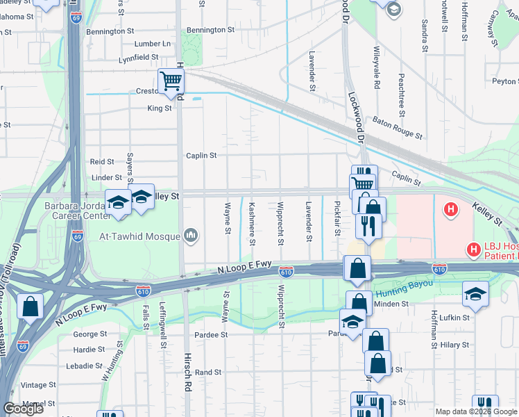 map of restaurants, bars, coffee shops, grocery stores, and more near 5738 Kashmere Street in Houston