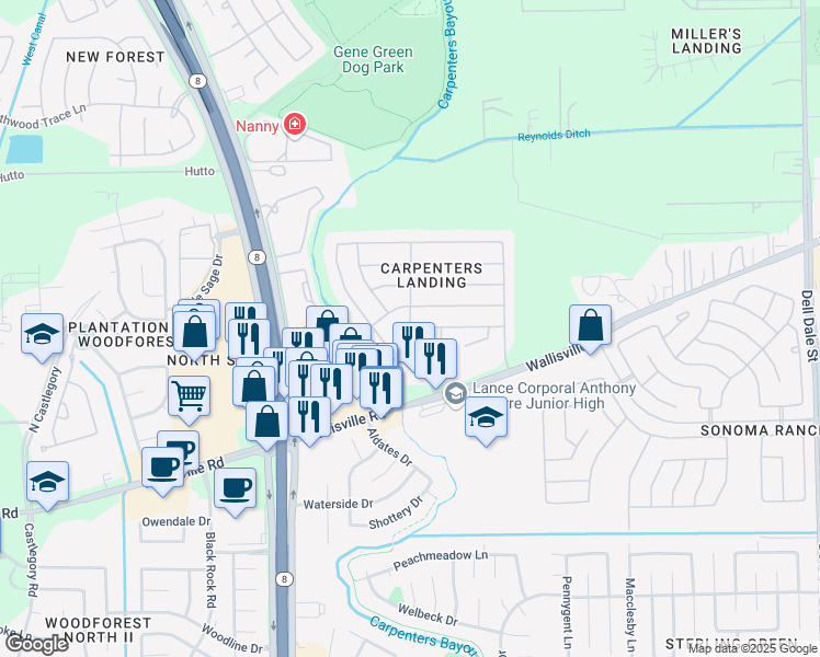 map of restaurants, bars, coffee shops, grocery stores, and more near Carpenters Landing Way in Houston