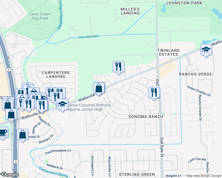 map of restaurants, bars, coffee shops, grocery stores, and more near 15923 Breanna Lane in Houston