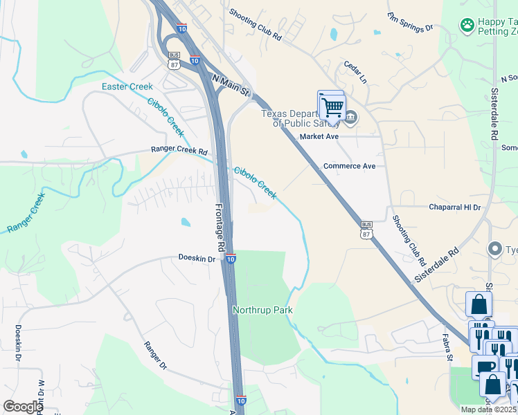 map of restaurants, bars, coffee shops, grocery stores, and more near 38400 Frontage Road in Boerne