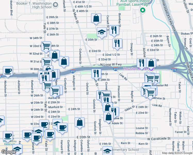 map of restaurants, bars, coffee shops, grocery stores, and more near 6806 North Main Street in Houston