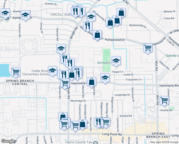 map of restaurants, bars, coffee shops, grocery stores, and more near 2121 Pech Road in Houston