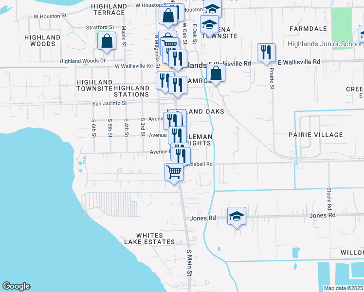 map of restaurants, bars, coffee shops, grocery stores, and more near 317 South Main Street in Highlands