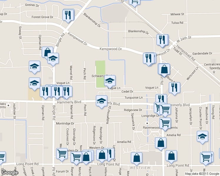 map of restaurants, bars, coffee shops, grocery stores, and more near Vogue Lane in Houston