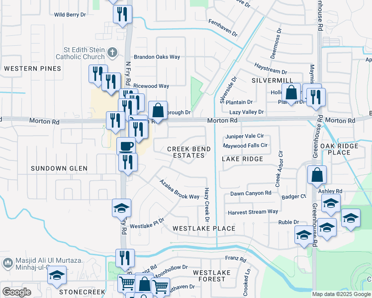 map of restaurants, bars, coffee shops, grocery stores, and more near 19638 Twilight Falls Lane in Houston