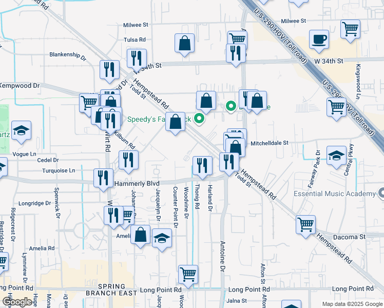 map of restaurants, bars, coffee shops, grocery stores, and more near 11329 Todd Street in Houston