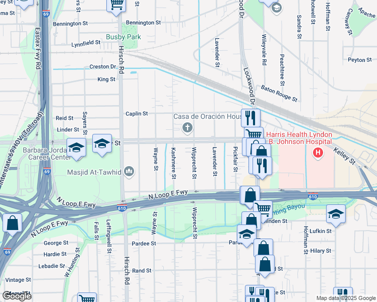 map of restaurants, bars, coffee shops, grocery stores, and more near 5738 Kashmere Street in Houston