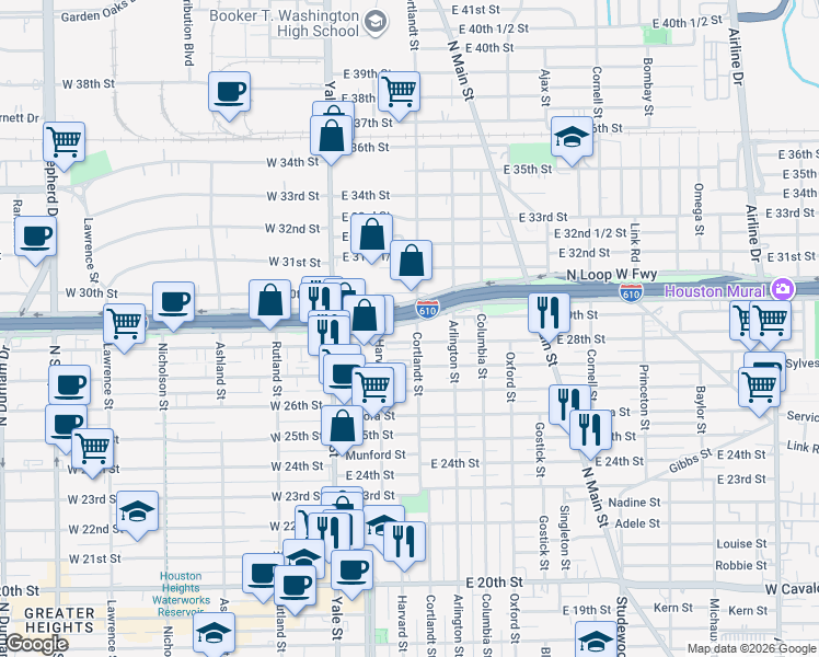map of restaurants, bars, coffee shops, grocery stores, and more near 207 East 28th Street in Houston