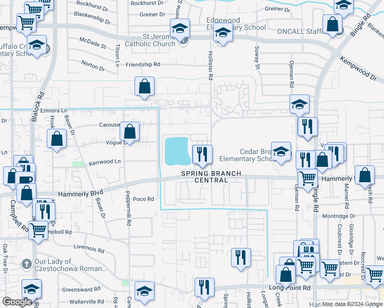 map of restaurants, bars, coffee shops, grocery stores, and more near 2217 Hollister Road in Houston