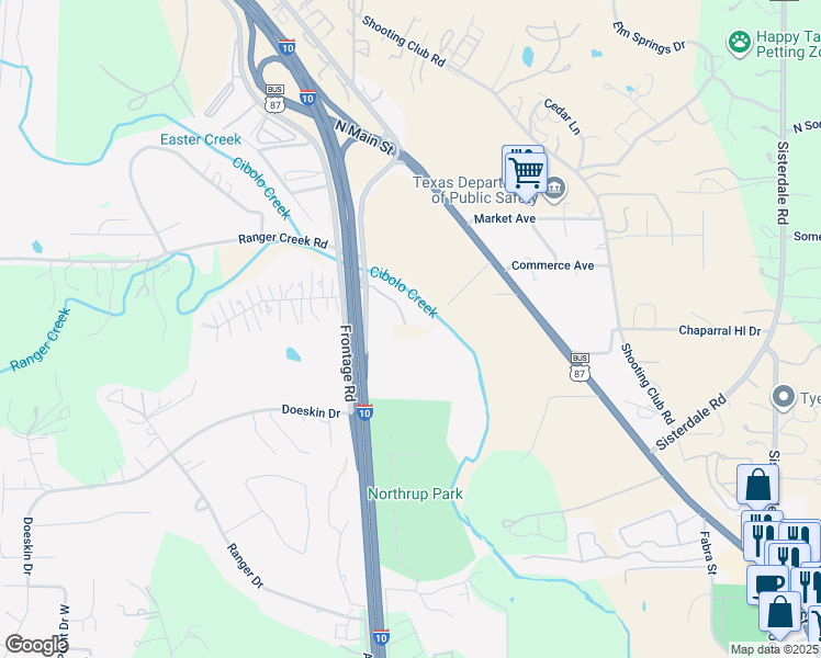 map of restaurants, bars, coffee shops, grocery stores, and more near 38400 Frontage Road in Boerne