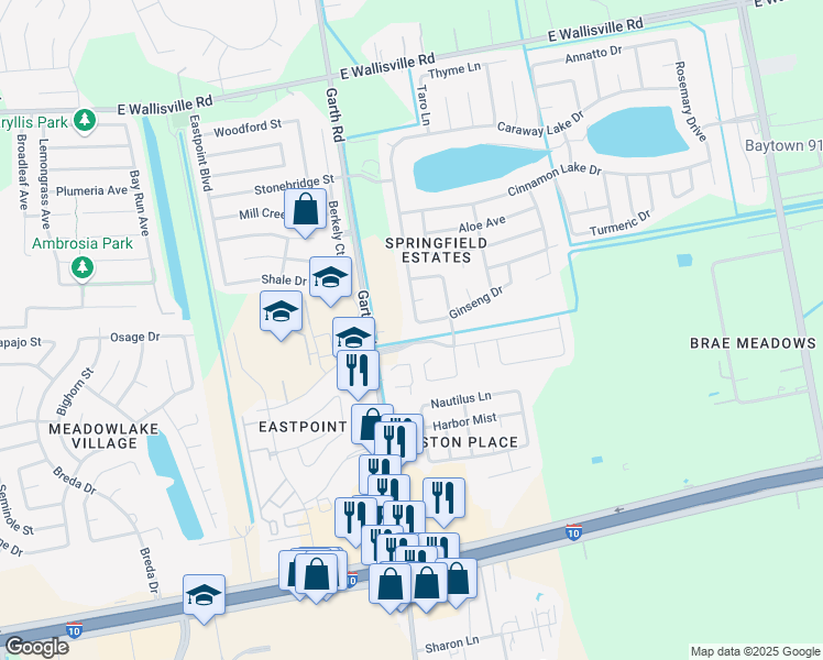 map of restaurants, bars, coffee shops, grocery stores, and more near 5202 Ginseng Dr in Baytown
