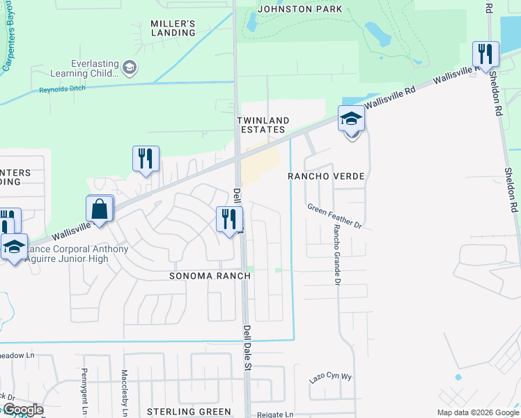 map of restaurants, bars, coffee shops, grocery stores, and more near 16330 Rockcreek Lane in Houston