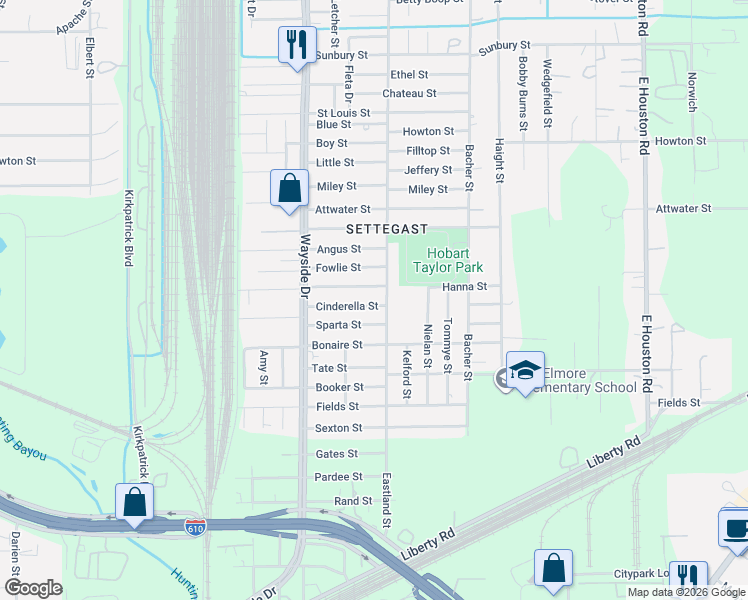 map of restaurants, bars, coffee shops, grocery stores, and more near 7987 Cinderella Street in Houston