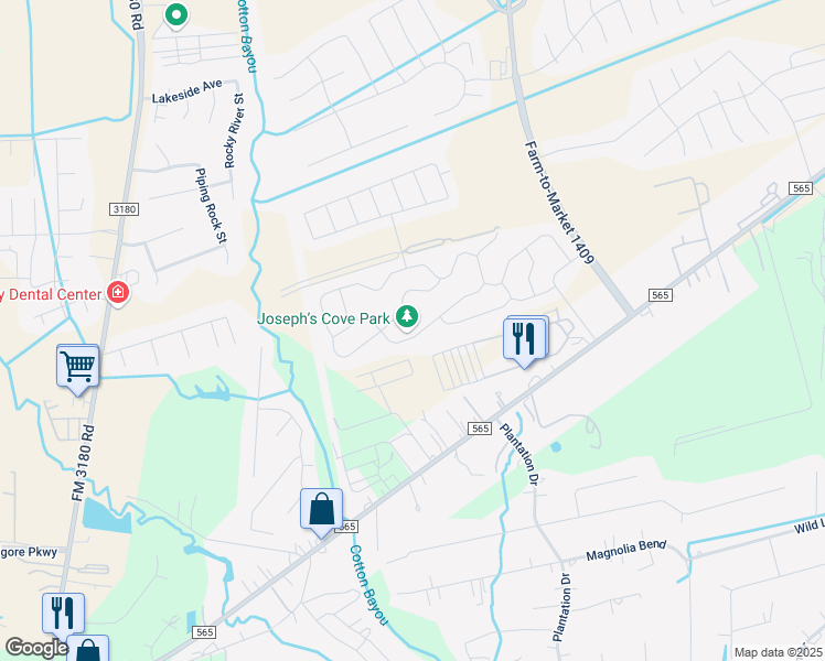 map of restaurants, bars, coffee shops, grocery stores, and more near 5702 Rainbow Road in Baytown