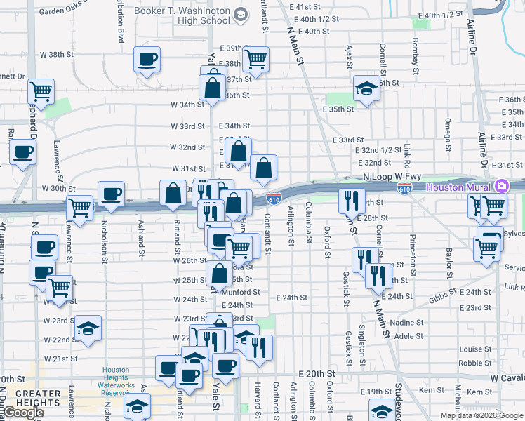 map of restaurants, bars, coffee shops, grocery stores, and more near 207 East 28th Street in Houston