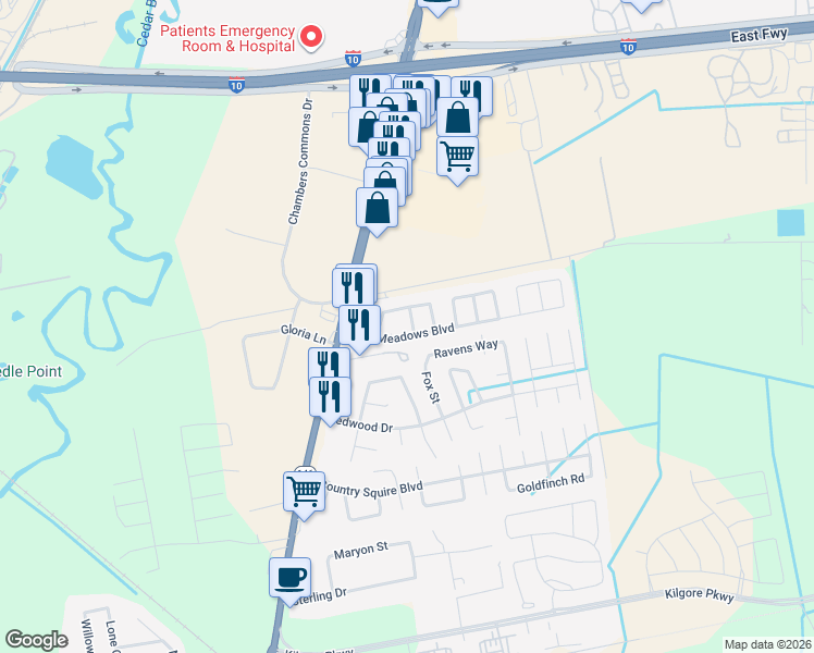 map of restaurants, bars, coffee shops, grocery stores, and more near 8303 Spruce Lane in Baytown