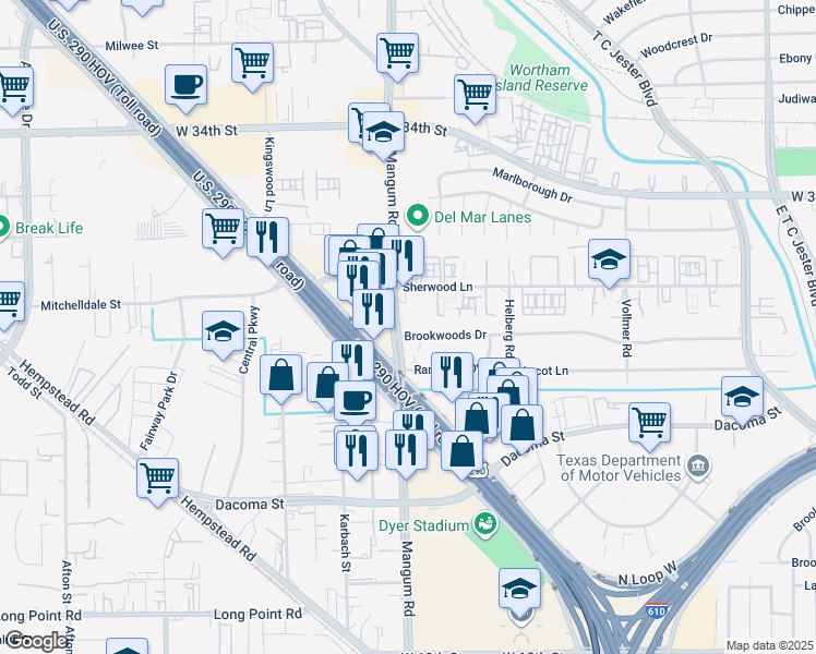 map of restaurants, bars, coffee shops, grocery stores, and more near 2800 Mangum Road in Houston
