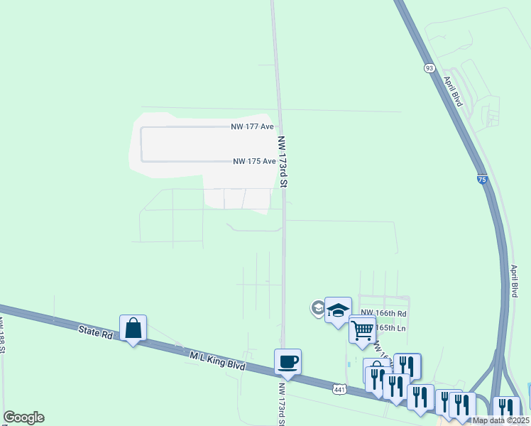 map of restaurants, bars, coffee shops, grocery stores, and more near 17331 Northwest 172nd Avenue in Alachua