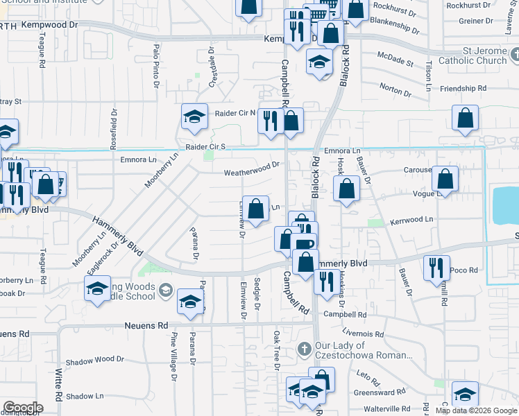 map of restaurants, bars, coffee shops, grocery stores, and more near 9519 Vogue Lane in Houston