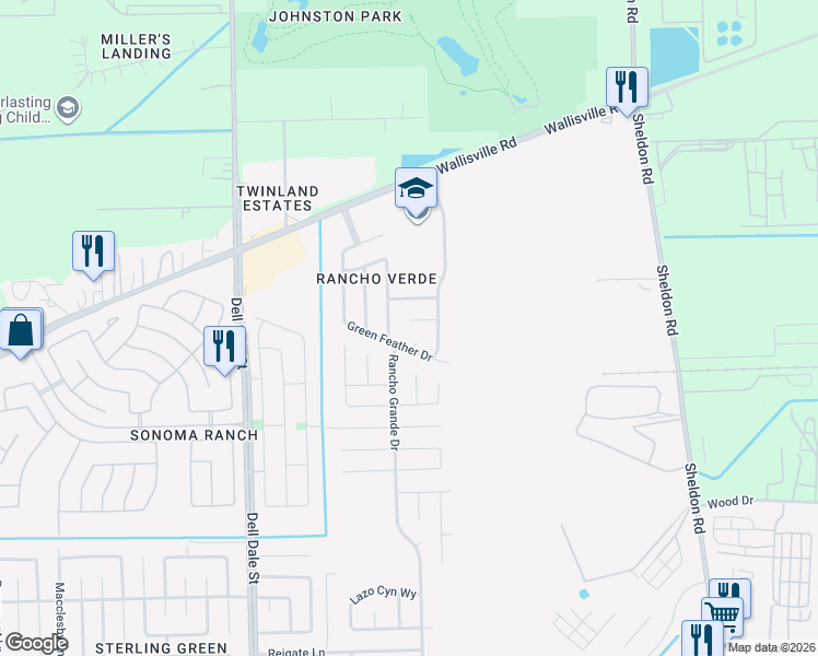 map of restaurants, bars, coffee shops, grocery stores, and more near 2111 Alegre Valley Court in Houston