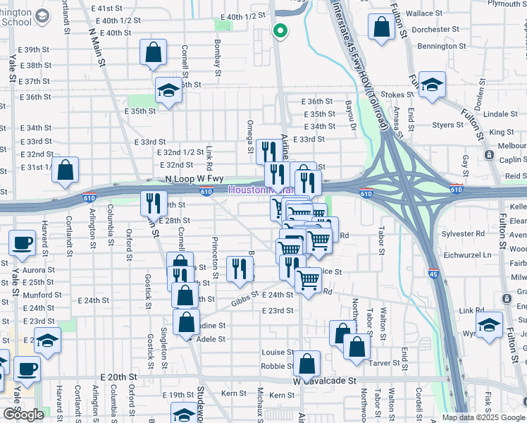map of restaurants, bars, coffee shops, grocery stores, and more near 1206 East 28th Street in Houston