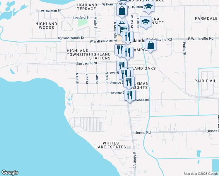 map of restaurants, bars, coffee shops, grocery stores, and more near 212 Avenue East in Highlands