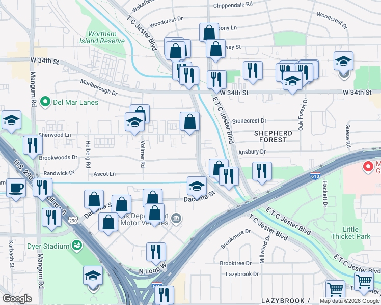 map of restaurants, bars, coffee shops, grocery stores, and more near 3710 Brookwoods Drive in Houston