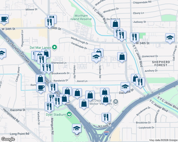 map of restaurants, bars, coffee shops, grocery stores, and more near 4117 Brookwoods Drive in Houston
