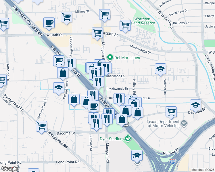 map of restaurants, bars, coffee shops, grocery stores, and more near 2800 Mangum Road in Houston