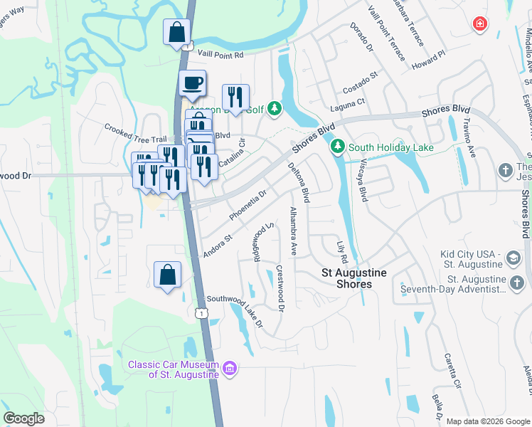 map of restaurants, bars, coffee shops, grocery stores, and more near 133 Andora Street in St. Augustine